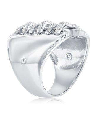 Suzy Levian Sterling Silver White Cubic Zirconia Wide Triple Cross Over Ring