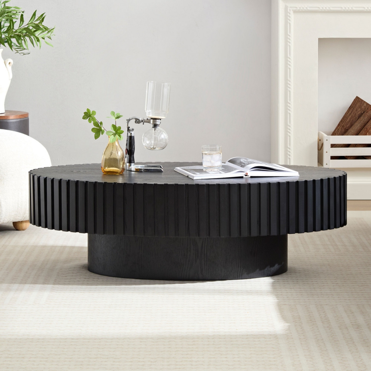 Streamdale Furniture Modern Handcraft Drum Coffee Table Length 43.7 inch Ellipse Coffee Table for Living Room,Small Coffee Table with Sturdy Pedestal