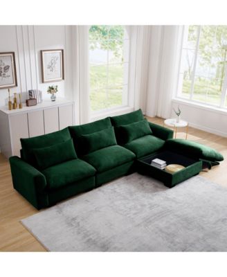 Corduroy Sectional Sofa, L Shaped Couch with Storage Footstool and 3 Pillow, Sectional Couch for Living Room Apartment, Green