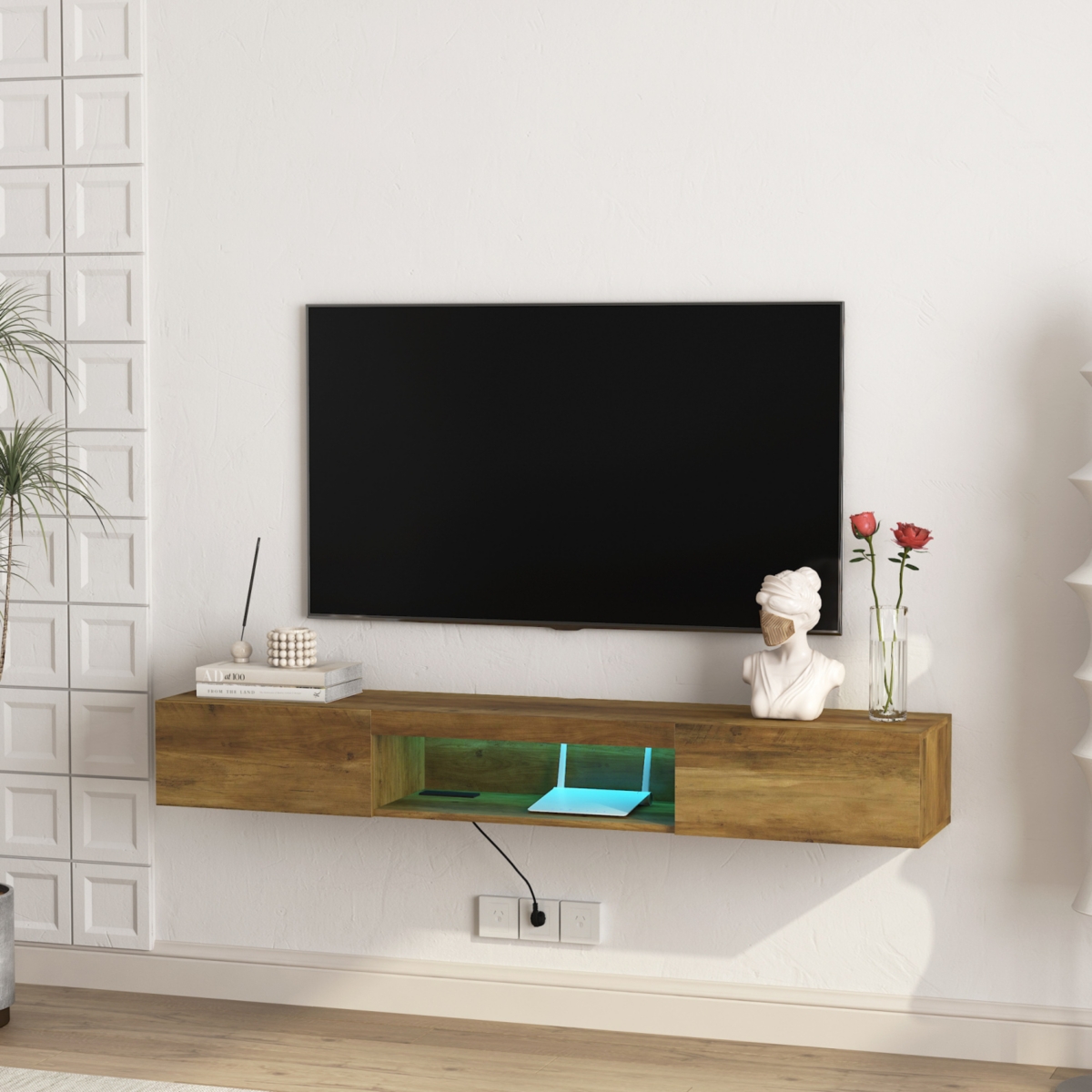 Streamdale Furniture Floating Tv Stand, Wall Mounted Tv Shelf with Led lights & Power Outlet,Wall Mounted Floating 65