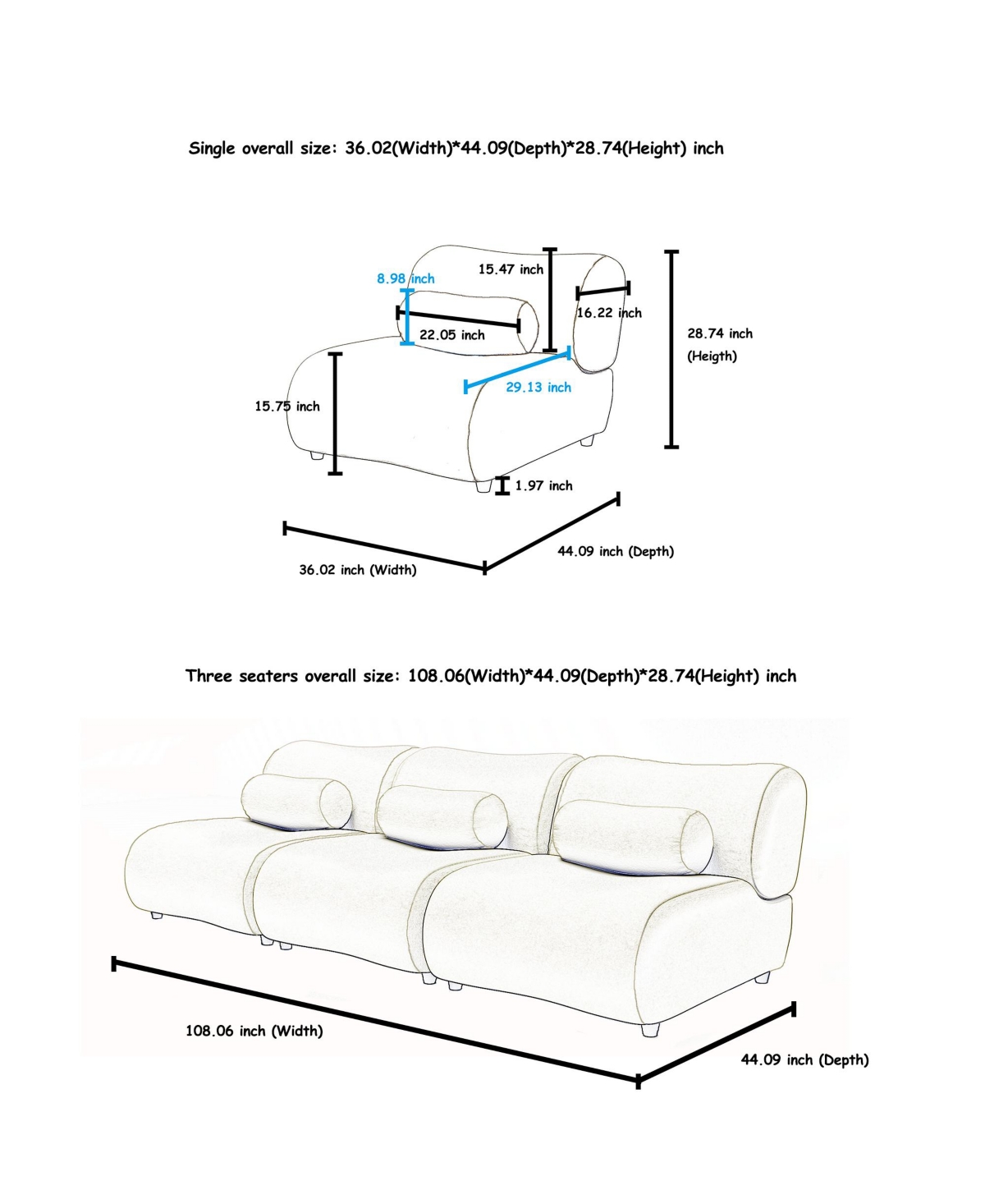 Streamdale Furniture Modern Oversized Modular Sofa Set – Chenille Fabric Living Room Sofa with Cylindrical Pillows, Freely Arrangeable, Perfect