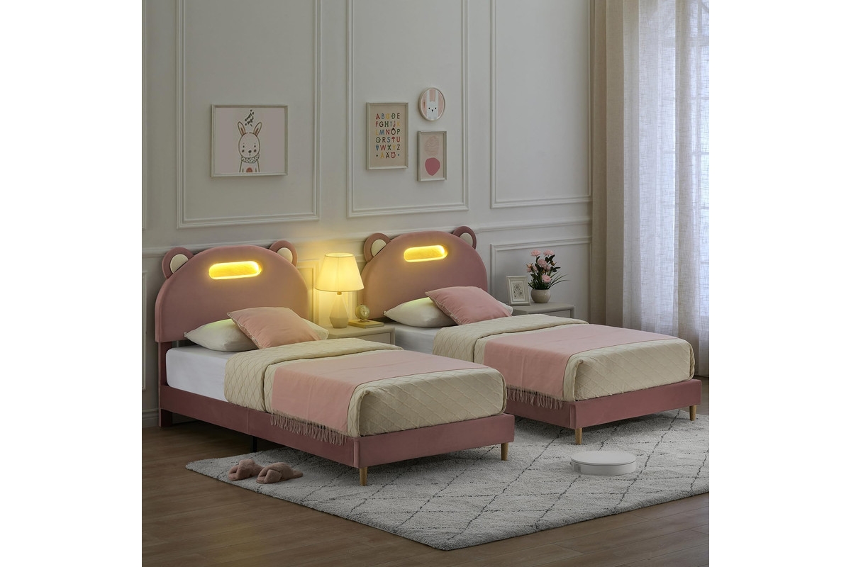 gaomon Led Twin Bed Frame withPink Upholstered Adjustable Headboard, Velvet Platform, Wooden Slat Support, Noise-Free Construction, No Box Spri