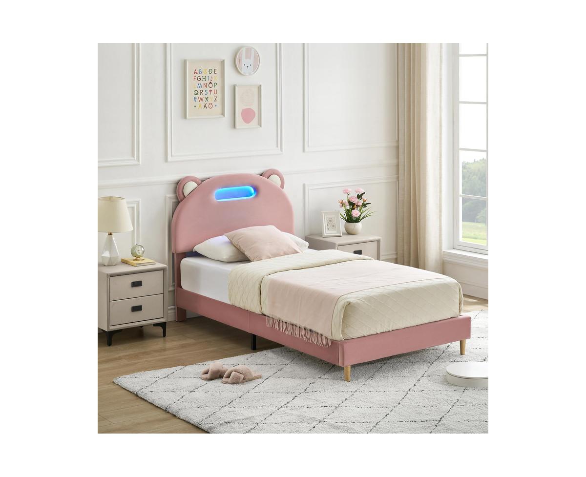 gaomon Led Twin Bed Frame withPink Upholstered Adjustable Headboard, Velvet Platform, Wooden Slat Support, Noise-Free Construction, No Box Spri