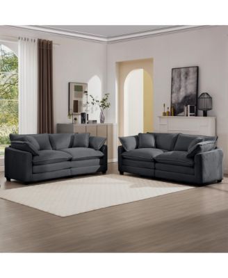 Modern Fabric Living Room Sofa Two Piece Set, Two 2-Seater Sofas with 8 Cushion Upholstery Large Deep Seat Recliner, Grey Corduroy Fabric