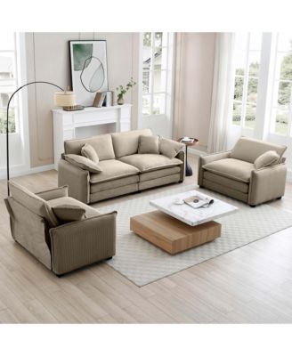 Luxurious and Sophisticated Sofa Set with Soft Cushions and Pillows, Sofa Set for Living Rooms and Clubs as well as Home Theaters, Consisting of Two Single Sofas and a 2-Seaters Sofas in Tan Corduroy
