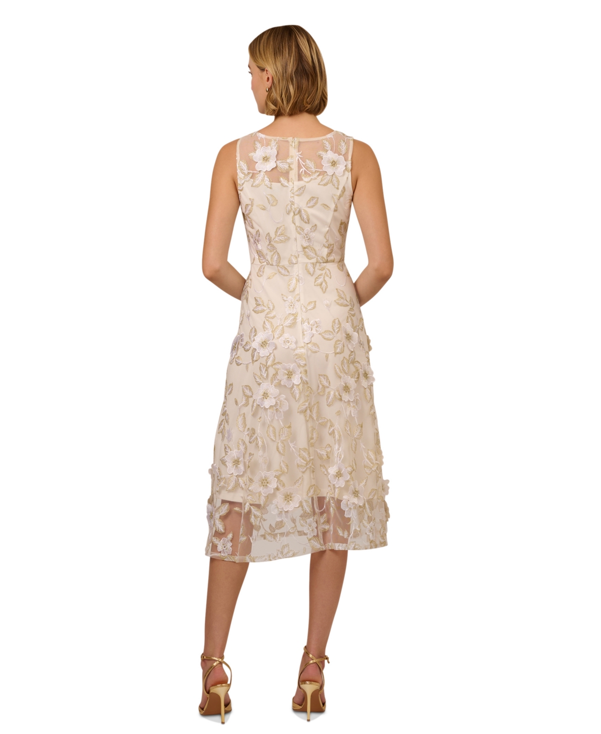 Shop Adrianna Papell Women's Floral Embroidery Illusion Fit & Flare Midi Dress In Ivory,gold