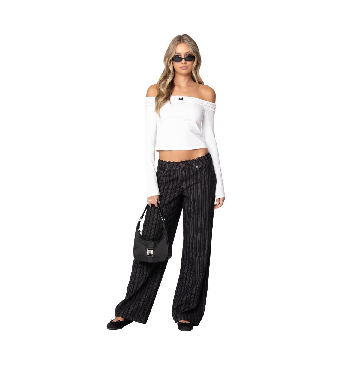Edikted Women's Lace Trim Striped Low Rise Jeans