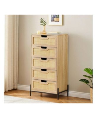 5-drawer, rattan & wood, double dresser with modern design – closet organizer for bedroom, living room, hallway, or office