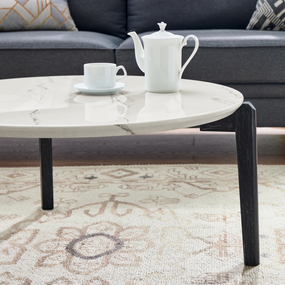 Streamdale Furniture Living Room Coffee Table: Modern and stylish 36 inch round small coffee table, imitation marble tabletop with rubber wood solid w