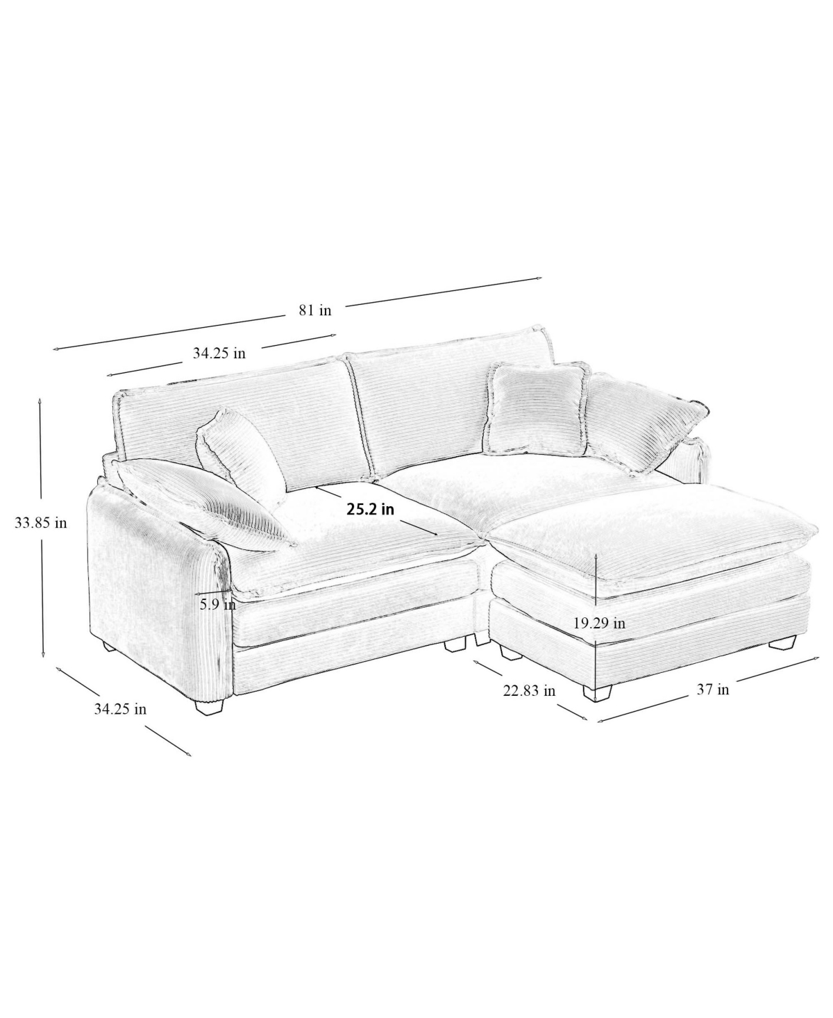 Streamdale Furniture Two-Seater Sofa with One Footrest, L-Shaped 2-Seater Sofa with Ottoman for Small Living SpacesCorduroy - Tan