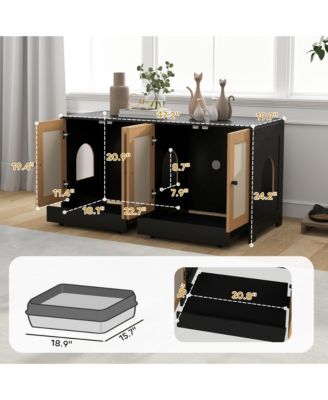 Cat Litter Box Enclosure w/ 2 Cabinets, Scratching Mats, Trays