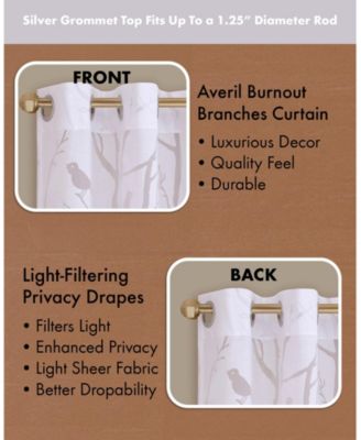 Averil Grommet Top Sheer Window Curtain, grey sheer curtains 95 inches long Single Curtain, Width 50 Bird on Branches Burnout curtains sheer