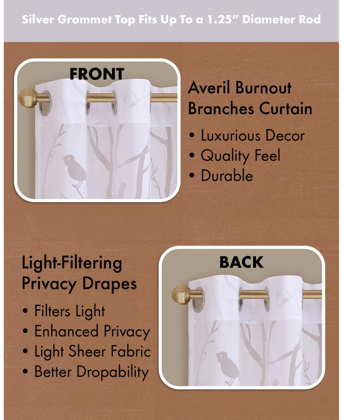 Madison Park Averil Grommet Top Sheer Window Curtain, grey sheer curtains 95 inches long Single Curtain, Width 50 Bird on Branches Burnout curtains sh
