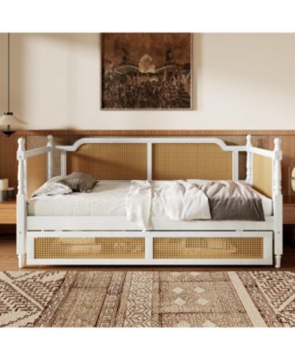 Traditional Style Rattan Twin Size Daybed with 2 Drawers for Limited Space, Guest Room, No Box Spring Needed