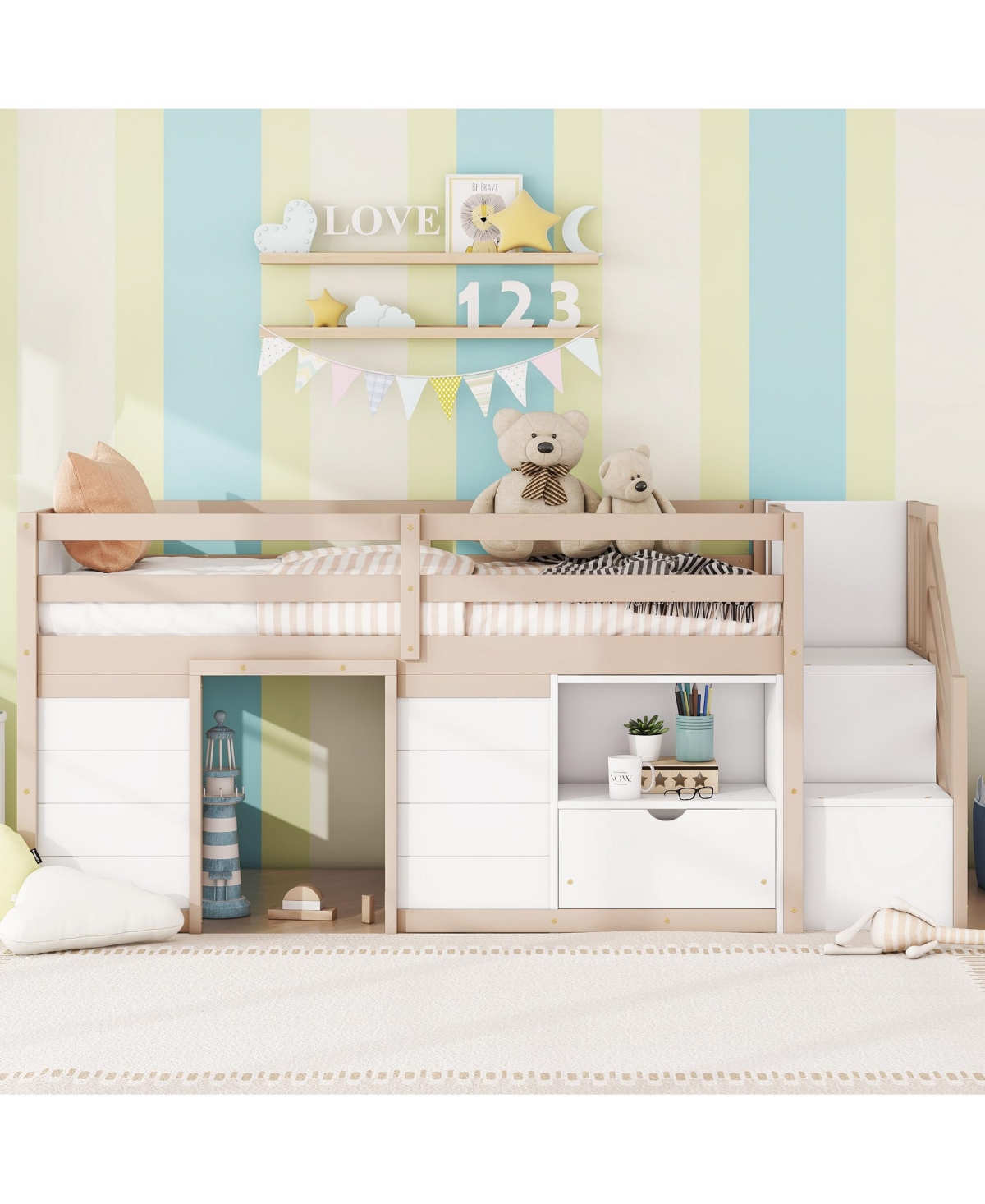 Streamdale Furniture Solid Wood Twin Size Low Loft Bed With Stair, Drawer, And Shelf For+ White Color - Cream,white