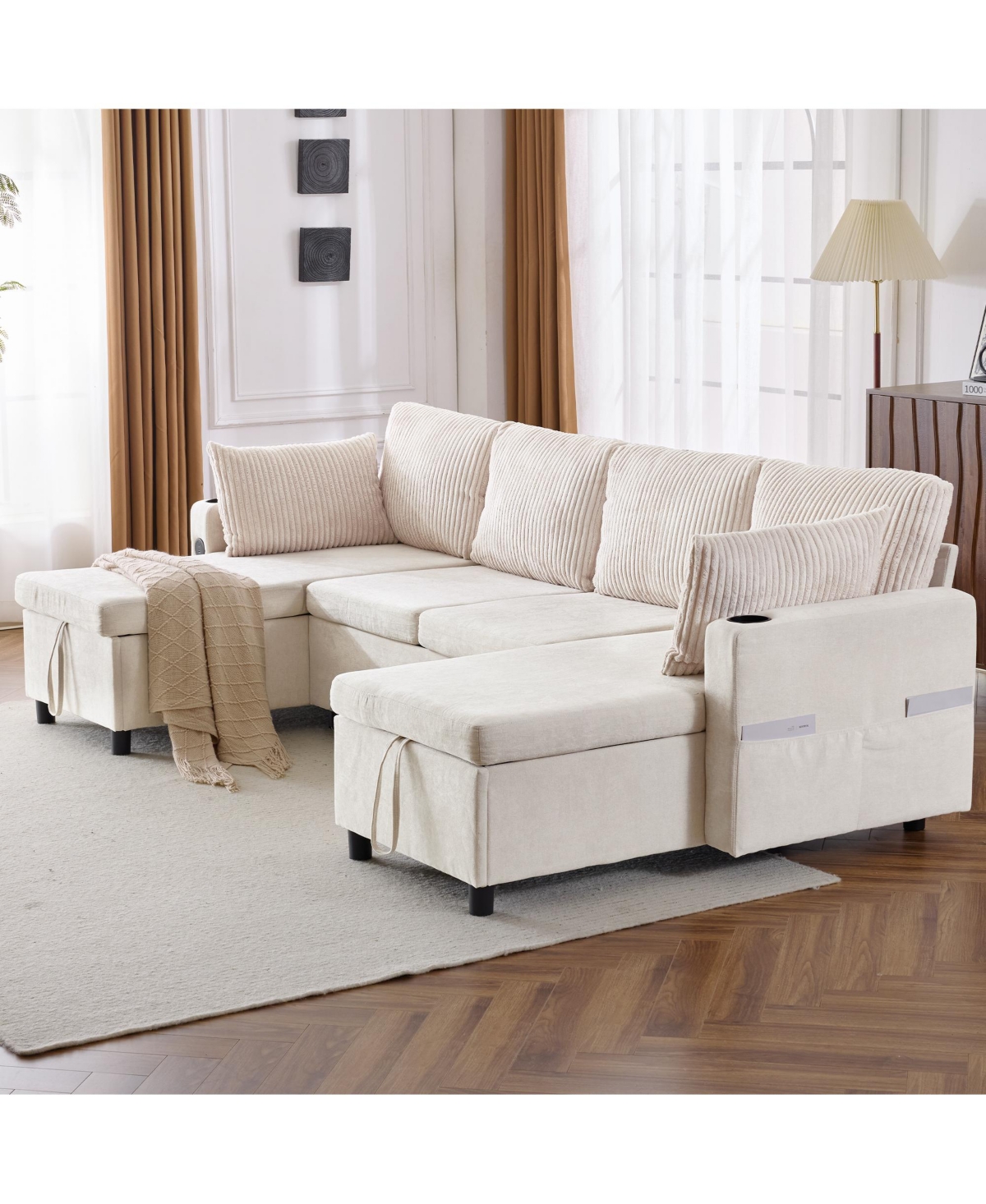 Streamdale Furniture 111.8" Sectional Sofa Pull-out Sofa Bed Versatile Sofa Sleeper with Large Storage Space, Two Usb Ports and Two Cup Holders for Li