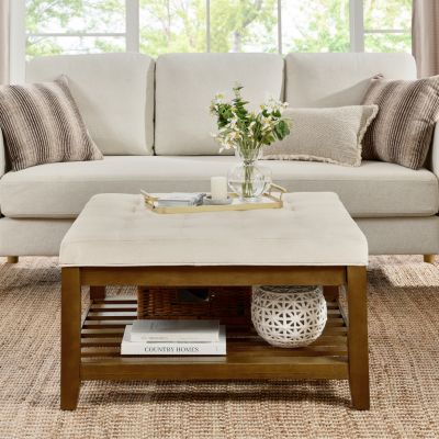 Tufted Linen Ottoman with Wood Shelf and Frame