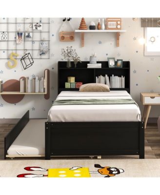 Twin Bed with Trundle and Bookcase - Space-Saving Bedroom Furniture for Sleepovers and Storage