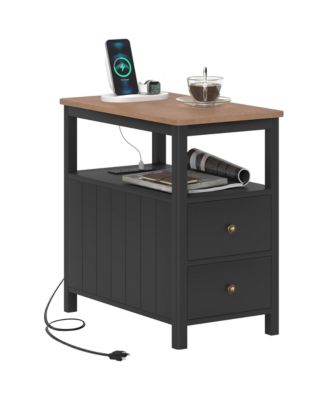 Narrow End Table with Charging Station, USB Ports, Drawers,