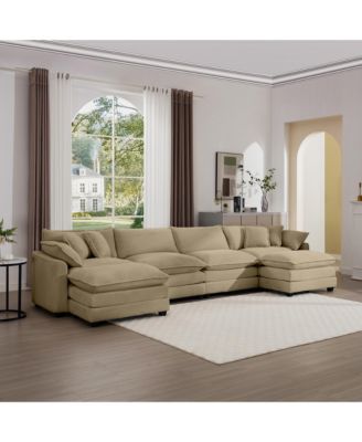 Corduroy Sofa, Modern Upholstered 4 Seater with 3 Footstools Corduroy Fabric Sofa, Office Living Room Apartment Comfortable Sofa, Easy to Assemble with 2 Arm Pillows and 4 Throw Pillows