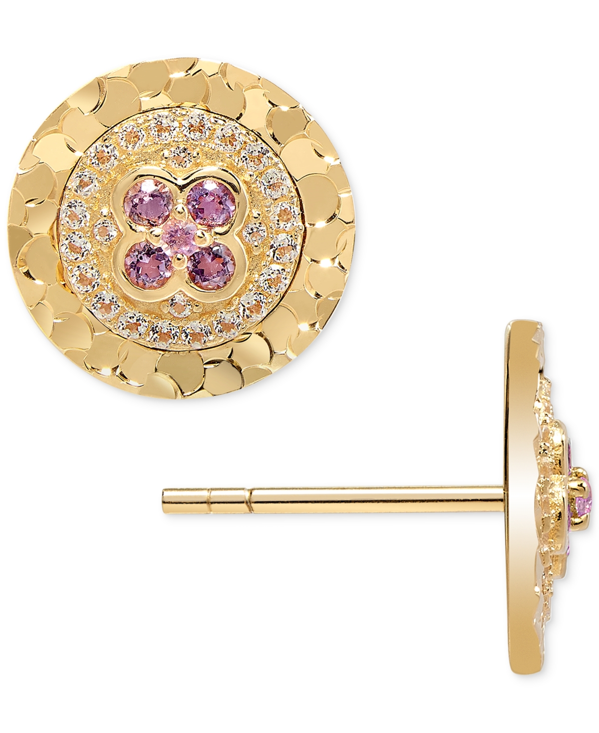 Macy's Amethyst (1/8 Ct. T.w.) & White Topaz (1/6 Ct. T.w.) Textured Frame Halo Stud Earrings In 14k Gold-p In Amethyst