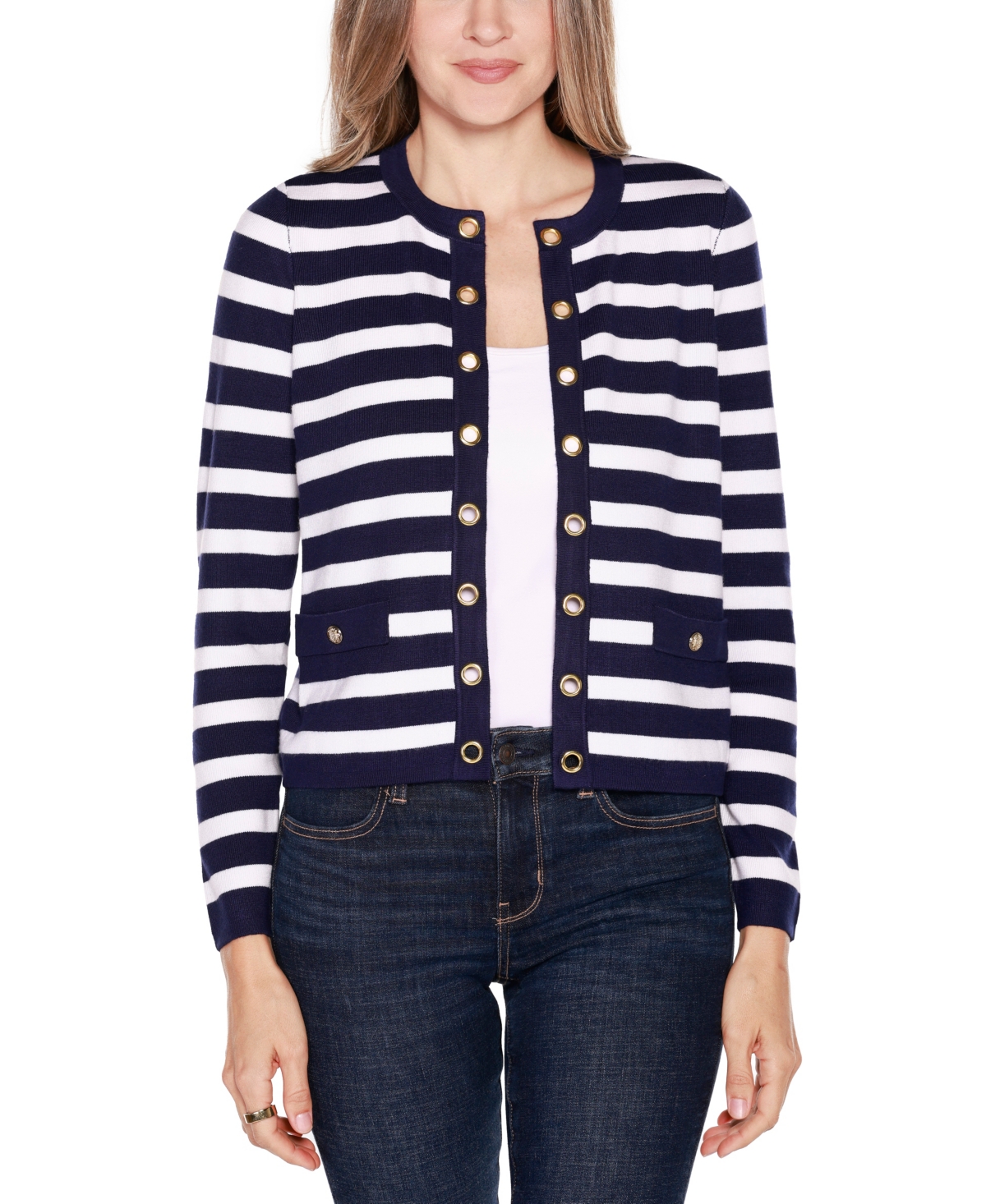 Belldini Women's Black Label Nautical Stripe Open-front Cardigan Sweater In Twilight Blue,gold