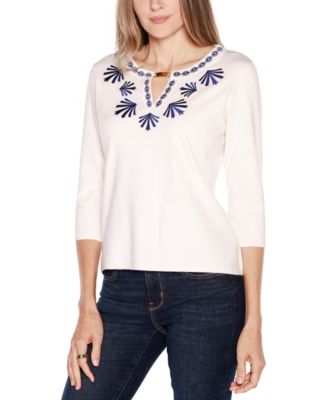 Women's Black Label Embroidered Split-Neck Sweater