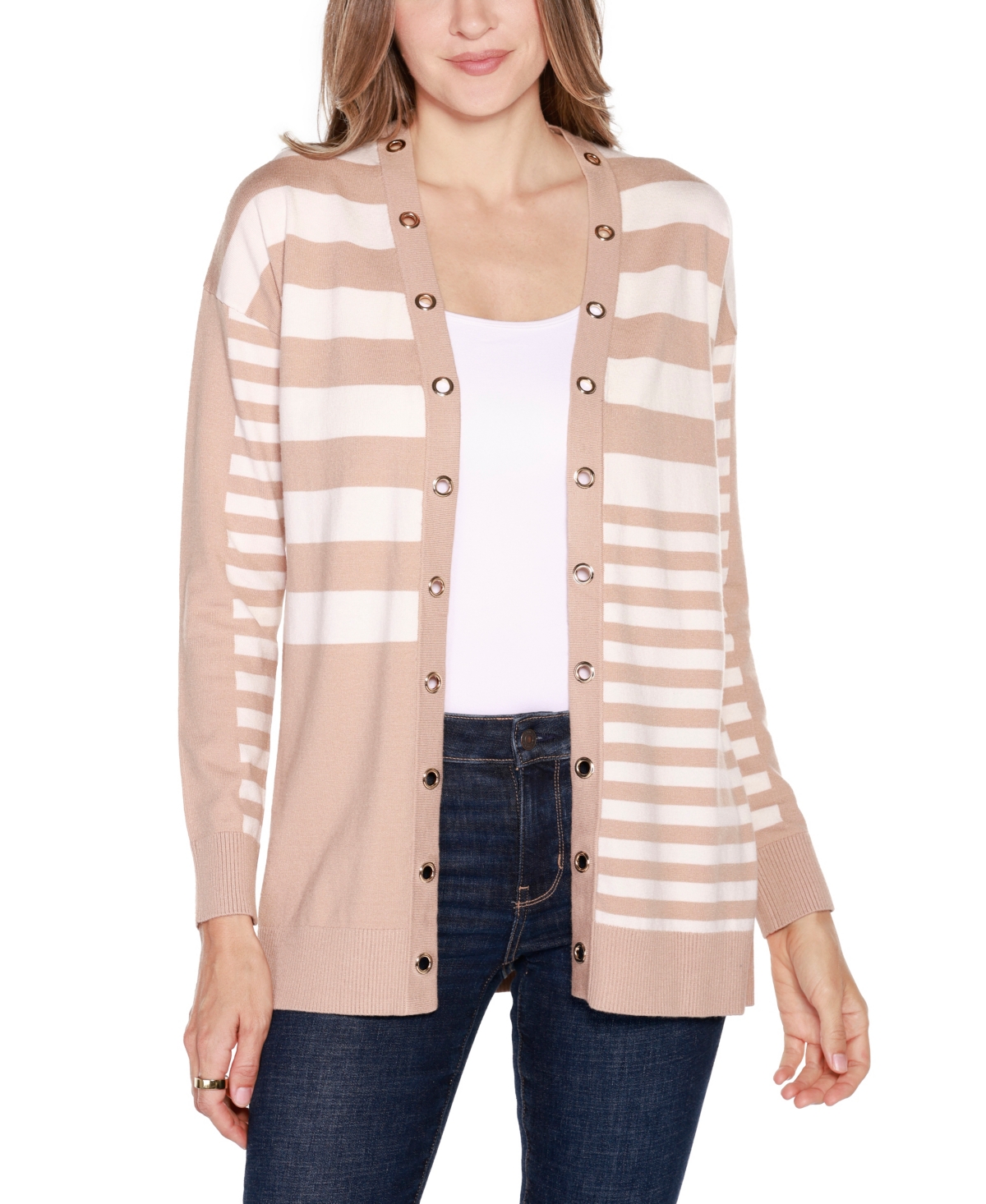Belldini Women's Black Label Colorblocked Open-front Cardigan Sweater In Porcini Combo