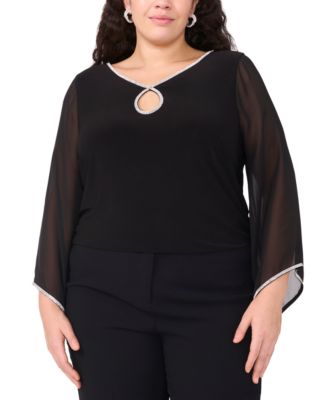 MSK - Plus Size Long-Sleeve Rhinestone-Trim Keyhole-Neck Top
