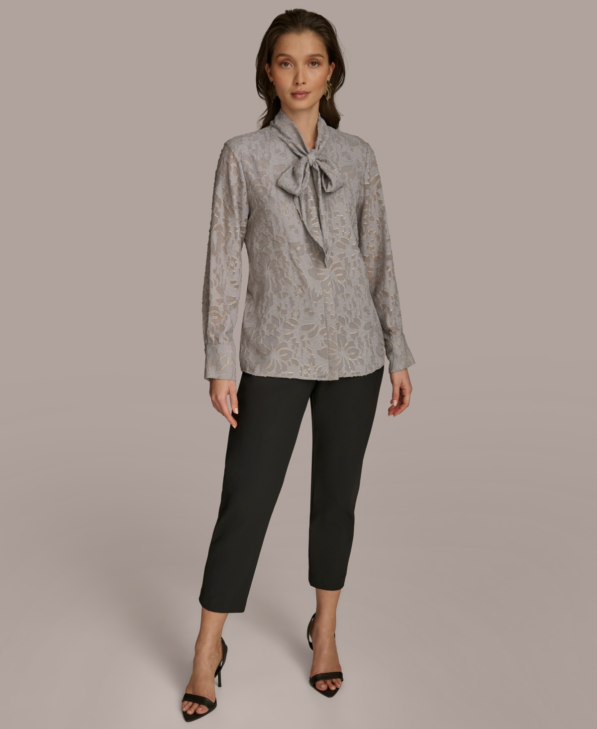 Donna Karan New York Women's Metallic Floral Tie-Neck Blouse