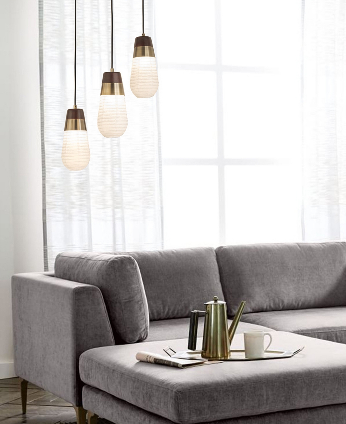 Nova of California Sunset 3 Light Pendant Light - Weathered Brass and Walnut