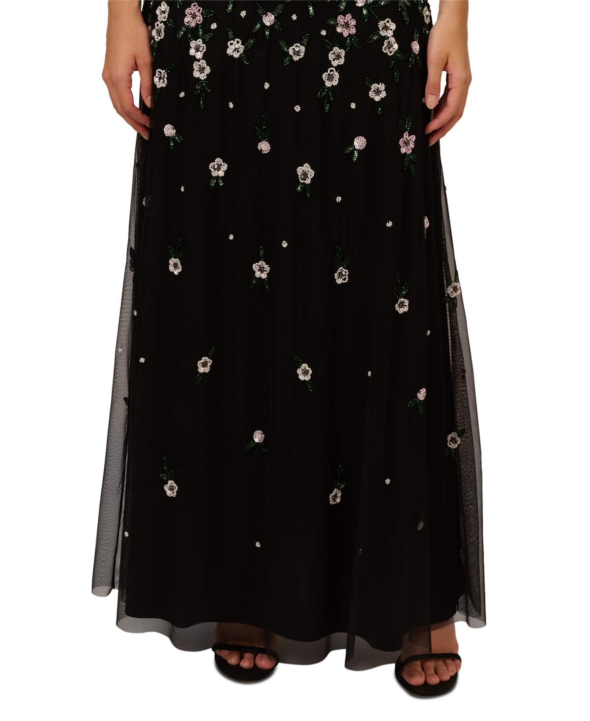 Adrianna Papell Beaded Floral Mesh A-line Gown In Black Multi