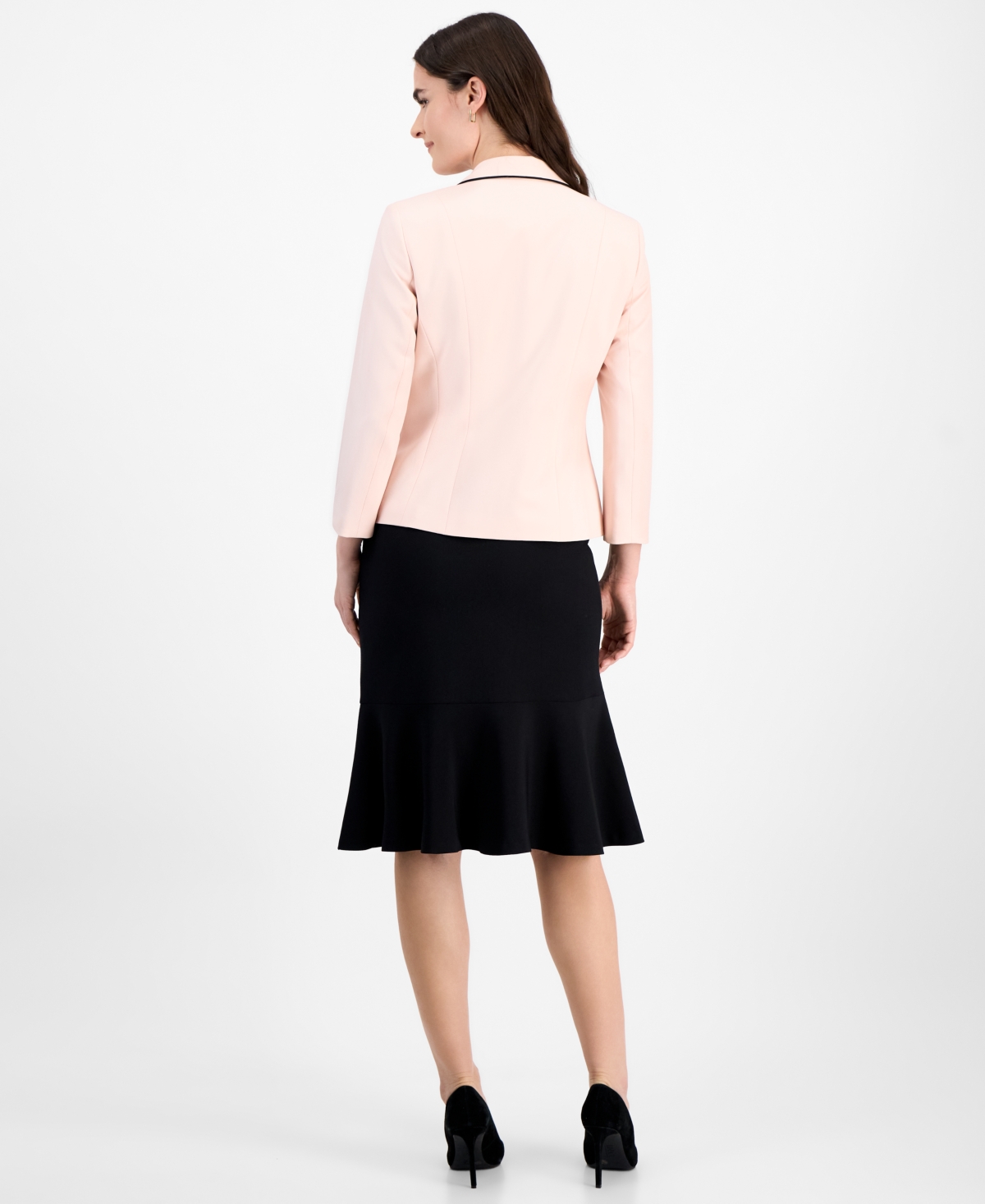 Le Suit Women's Piped Notch-Collar Two-Button Jacket & Midi Flounce-Hem Skirt -Black