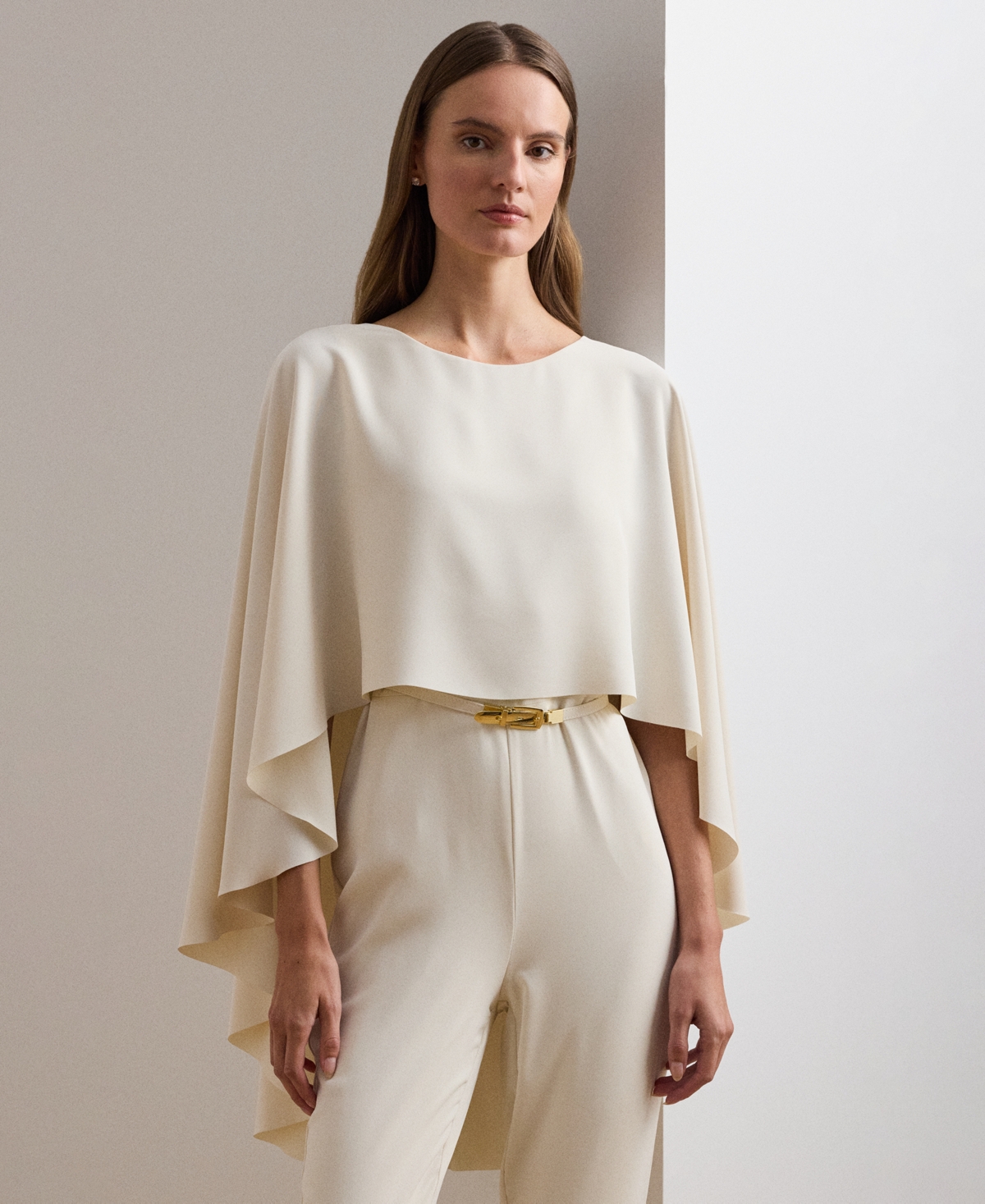 Ralph Lauren Women's Belted Cape Georgette Jumpsuit In Mascrapone Cream