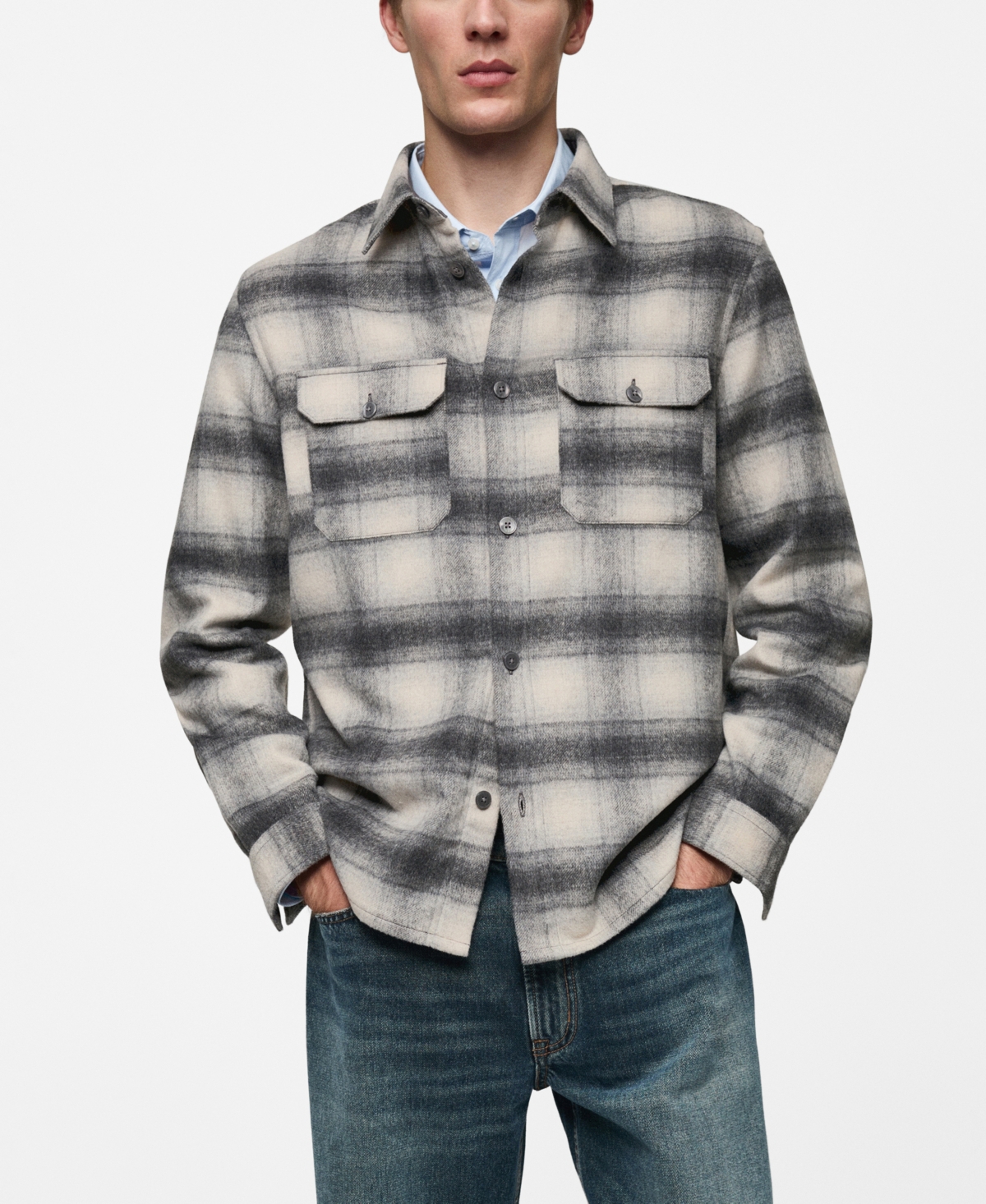 Mango Men's Pockets Detail Plaid Wool Overshirt In Gray