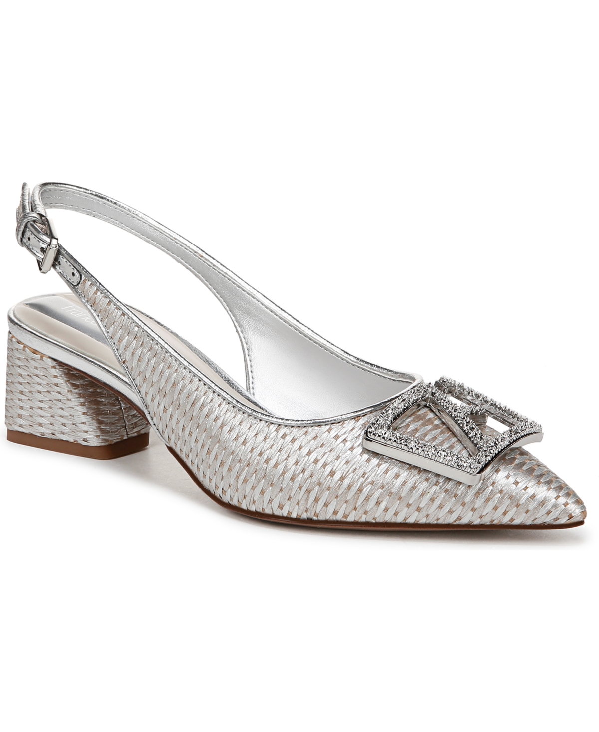 Women's Racer Ornament Pointed Toe Block Heel Slingback Pumps - Silver Rope Fabric