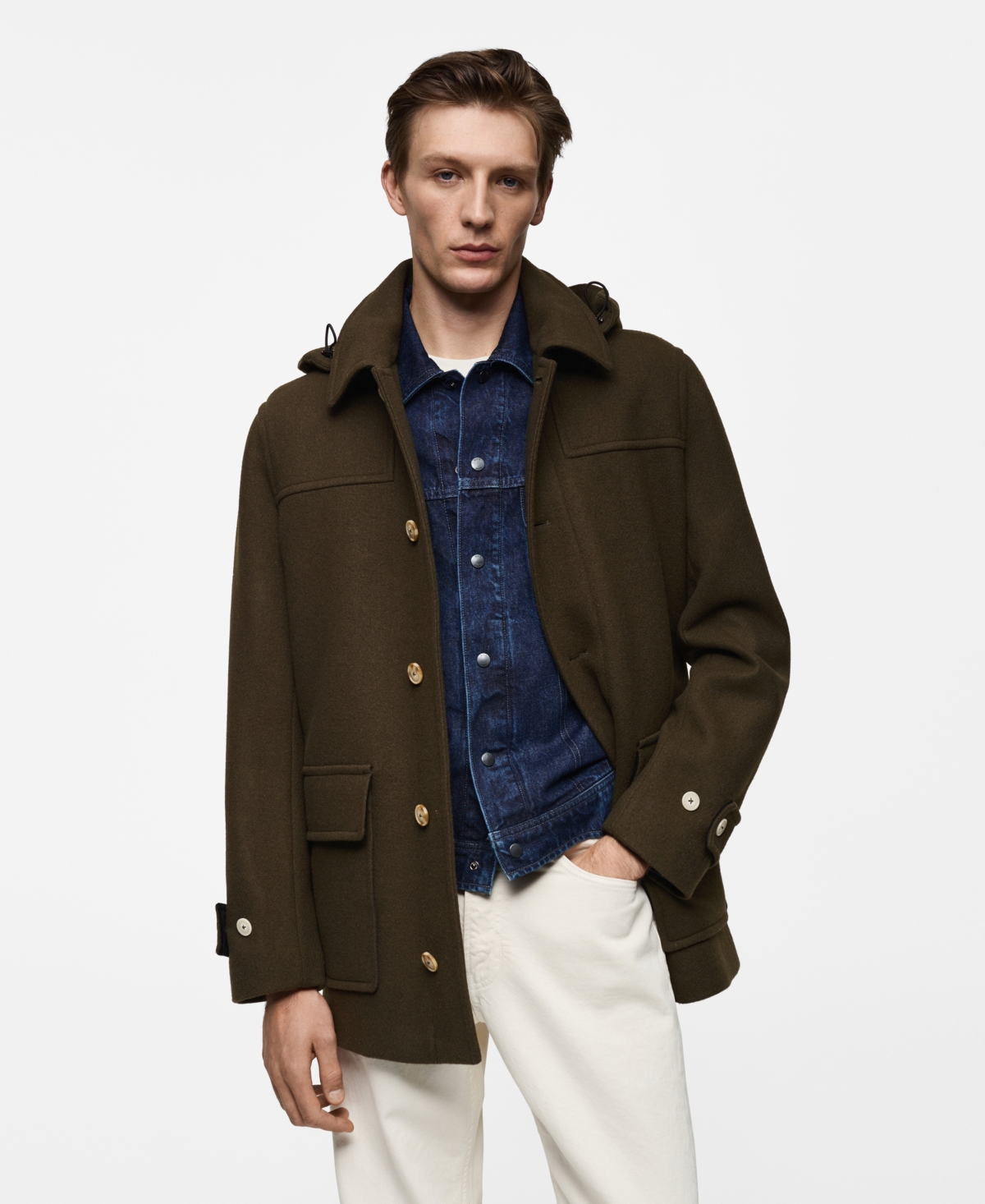 Mango Wool Blend Coat With Removable Hood In Khaki