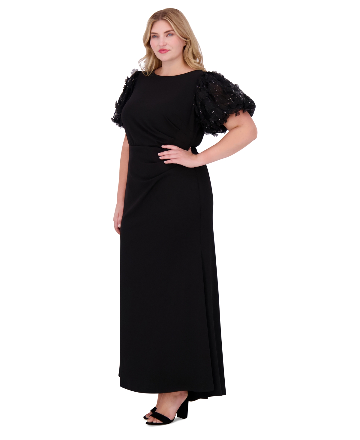 Eliza J Plus Size Floral-Short-Sleeve Boat-Neck Pleated Gown