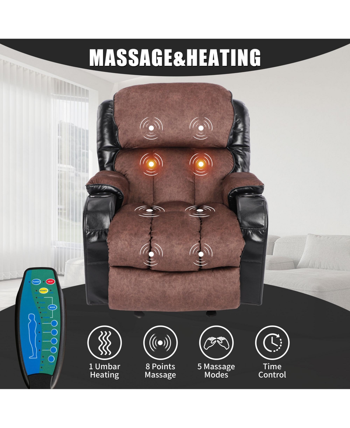 Recliner Chair for Living Room Sofa in Black Brown with Rocking Function and Side Pocket