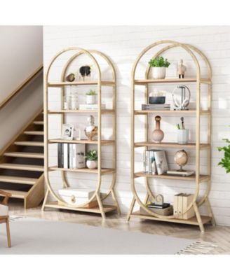 5-Tier Open Bookshelf, 70.8" Tall Arched Bookcase, Modern Brown Metal Frame Storage Bookshelves, Freestanding Display Rack Shelving Unit for Office, Bedroom, Living Room (2PCS)