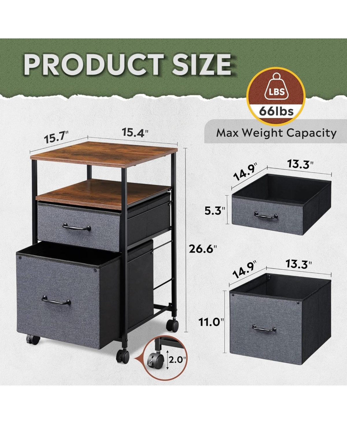 Mobile File Cabinet, Rolling Printer Stand with Open Storage Shelf, Fabric Vertical Filing Cabinet fits A4 or Letter Size for Home Office