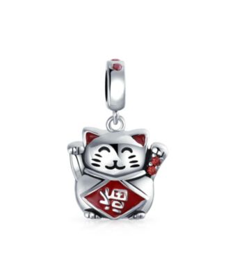 Japanese Maneki Neko Lucky Cat Good Fortune Dangle Charm Bead Red Enamel .925 Sterling Silver Fits European Bracelet