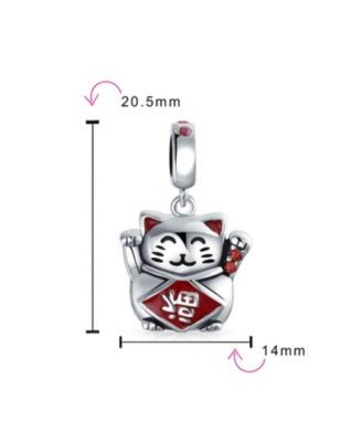 Japanese Maneki Neko Lucky Cat Good Fortune Dangle Charm Bead Red Enamel .925 Sterling Silver Fits European Bracelet