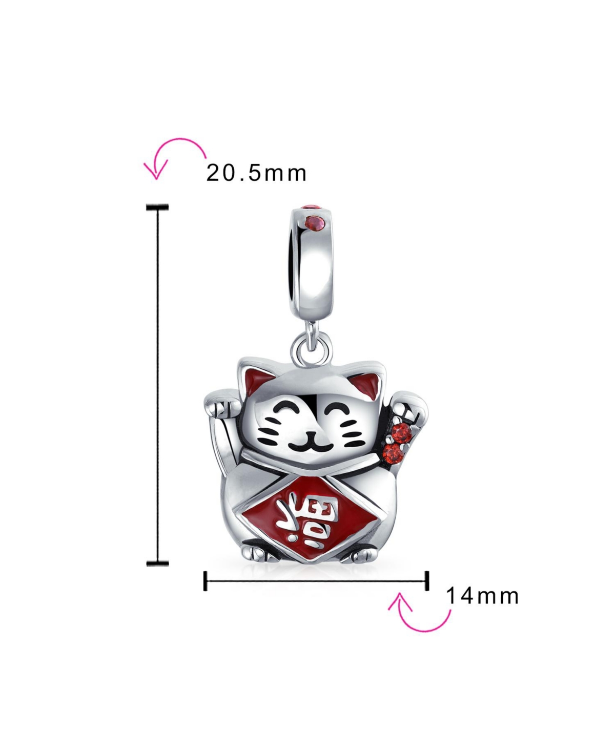 Bling Jewelry Japanese Maneki Neko Lucky Cat Good Fortune Dangle Charm Bead Red Enamel .925 Sterling Silver Fits European Bracelet