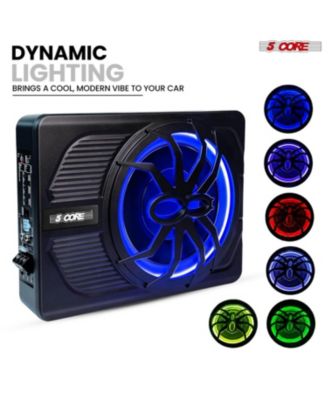 10 inch Slim Under Seat Car Audio Subwoofer 800W Peak 150W RMS Active Powered Under-Seat Built in Amplifier Truck Sub Woofer in Enclosure Box Blue Ambient LED Light + Wiring Kit & Remote Control