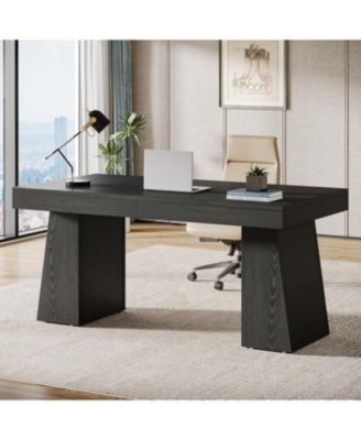 55 Inches Executive Desk, Mid-Century Modern Home Office Desk with Double Trapezoid Base, Wood Computer Desk Business Workstation Desk