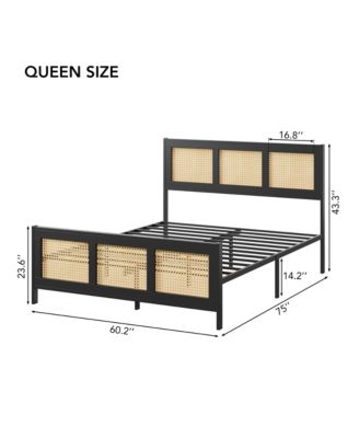 Queen Size Rattan Bed Frame with Headboard, Boho Cane Platform Bed Frame with Strong Metal Slat