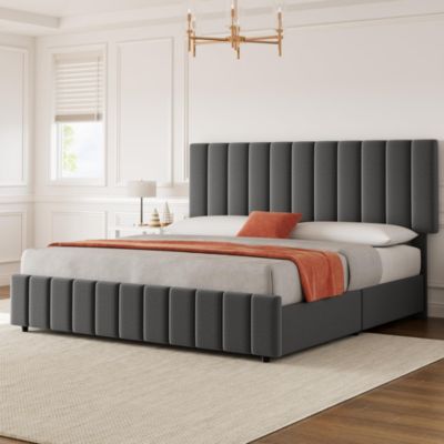 Full Linen Upholstered Platform Bed Frame with 4 Storage Drawers