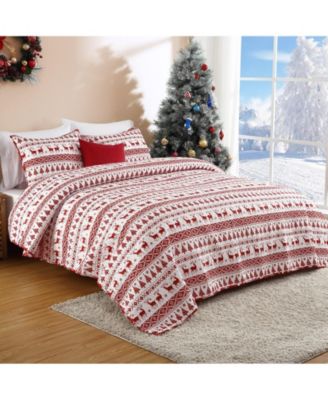 Christmas Quilt Set Queen, 3-Piece Reversible Boho Bedspread with Christmas Tree, Reindeer & Snowflake Pattern, Lightweight All-Season Bedding