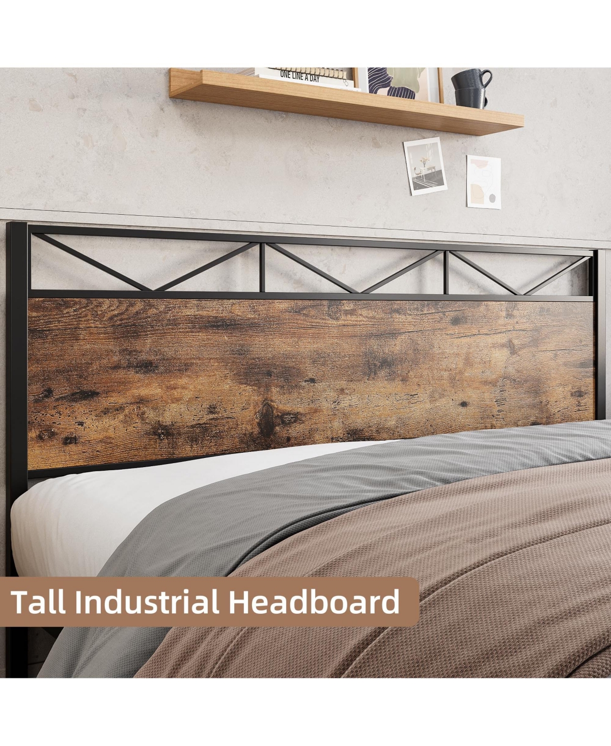 gaomon Bed Frame, Metal Platform Bed Frame with Rustic Wood Headboard